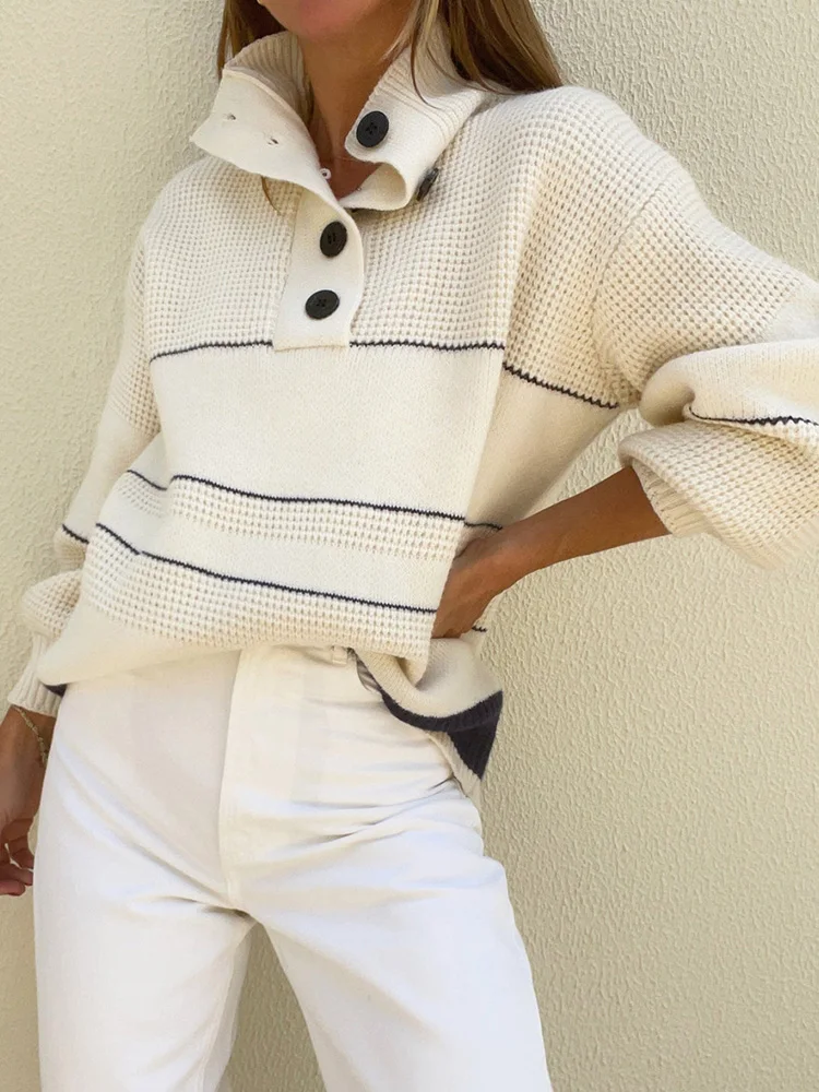 

2023 Autumn Winter Loungewear Pullovers Women Patchwork Long Sleeve Fashion Sweaters Button Turtleneck Streetwear Dropshipping