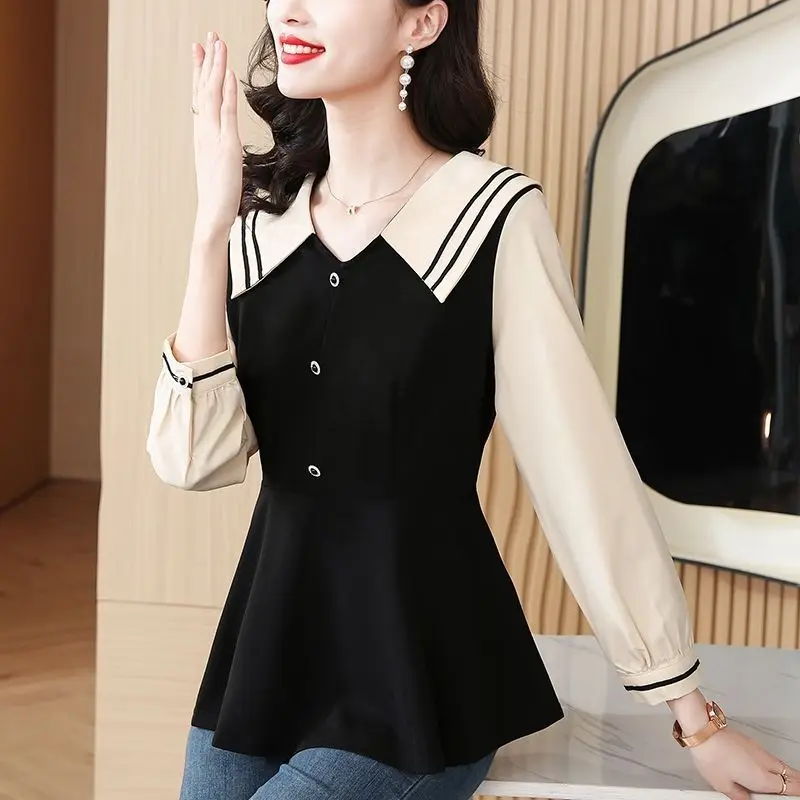 2023 Spring Autumn Korean Fashion Contrast Color Patchwork Shirts Elegant Sweet Slim Long Sleeve Tops Blouses for Women Clothing
2023 Spring Autumn Korean Fashion Contrast Color Patchwork Shirts Elegant Sweet Slim Long Sleeve Tops Blouses for Women Clothing