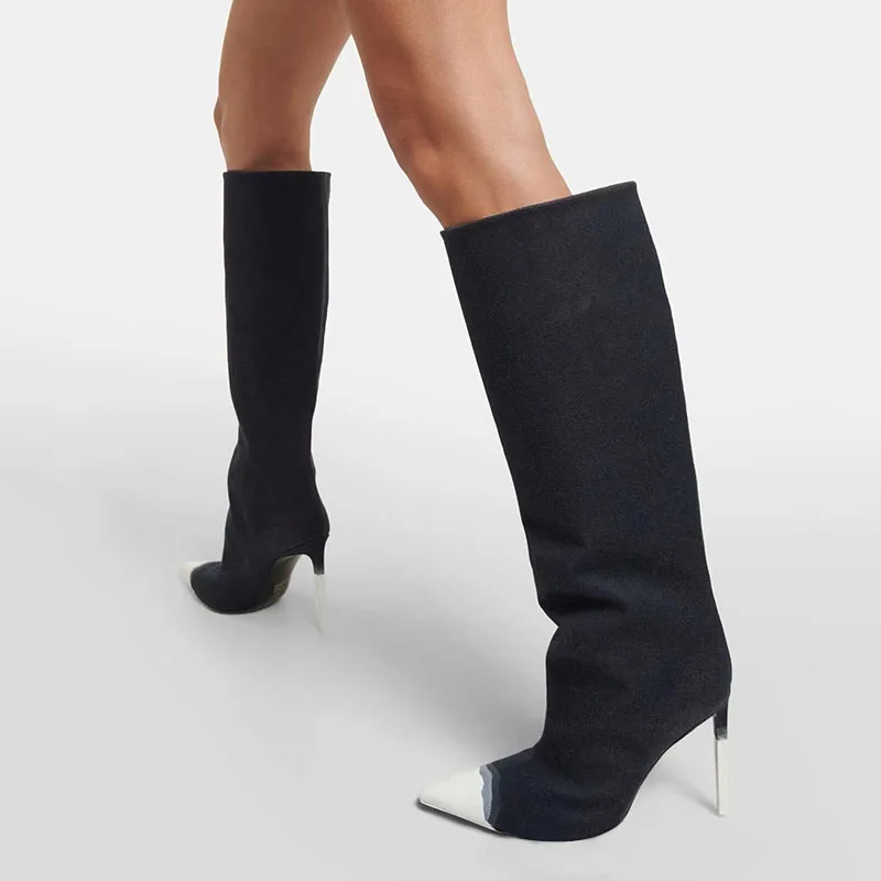 

Arden Furtado 2023 осенние женские градиентные джинсовые высокие сапоги до колена с острым носком на очень высоком каблуке без застежек Современные Сапоги