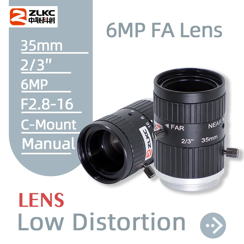 

ZLKC FA Lens 35mm C Mount 2/3 Inch Low Distorsion 6 MP Manual Iris F2.8 Machine Vision CCTV Parts Macro Lenses for Basler Camera