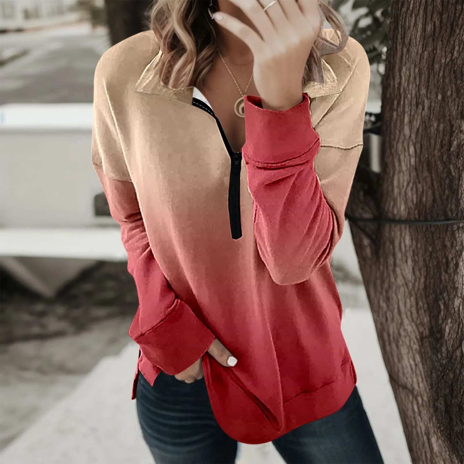 

Long Sleeve Tunic Shirt Quarter Zip Pullover Women Fashion Fall Floral Print Loose Fit Sweatshirt Zip Festive Sweatshirts Women