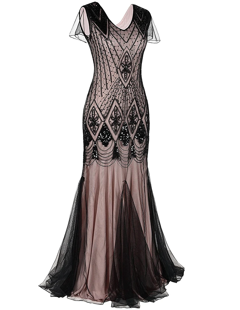 

1920s Elegant Evening Dress Vintage Sequin Maxi The Great Gatsby Hem Flapper Gown Dress Wedding Floor Dress Vestido