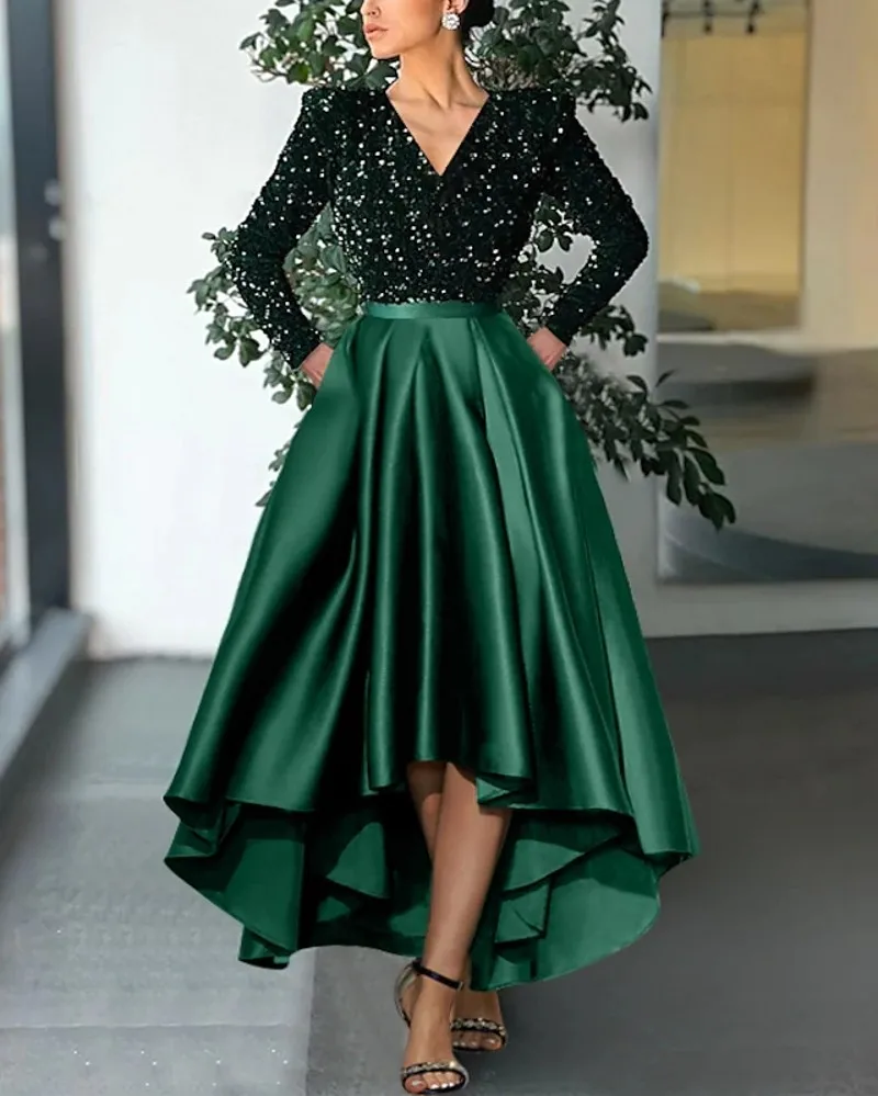 

Sparkle Dark Green High Low Cocktail Dress 2023 Long Sleeve V Neck Sequined Satin Prom Party Gowns Robe De Soiree