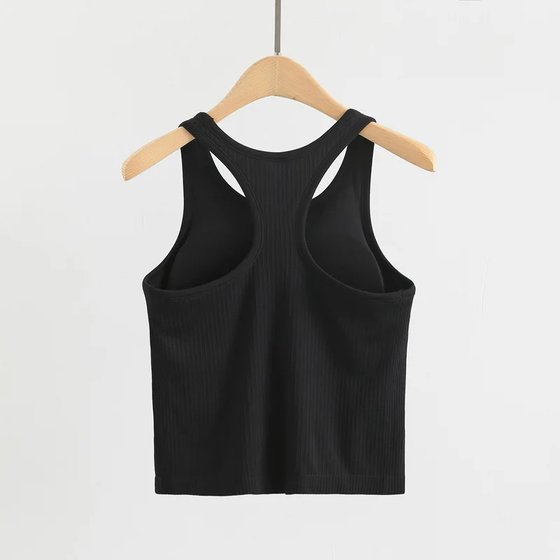 

Sporty Bra Women Ribbed Vest Round Neck Athletic Crop Top Elastic Top