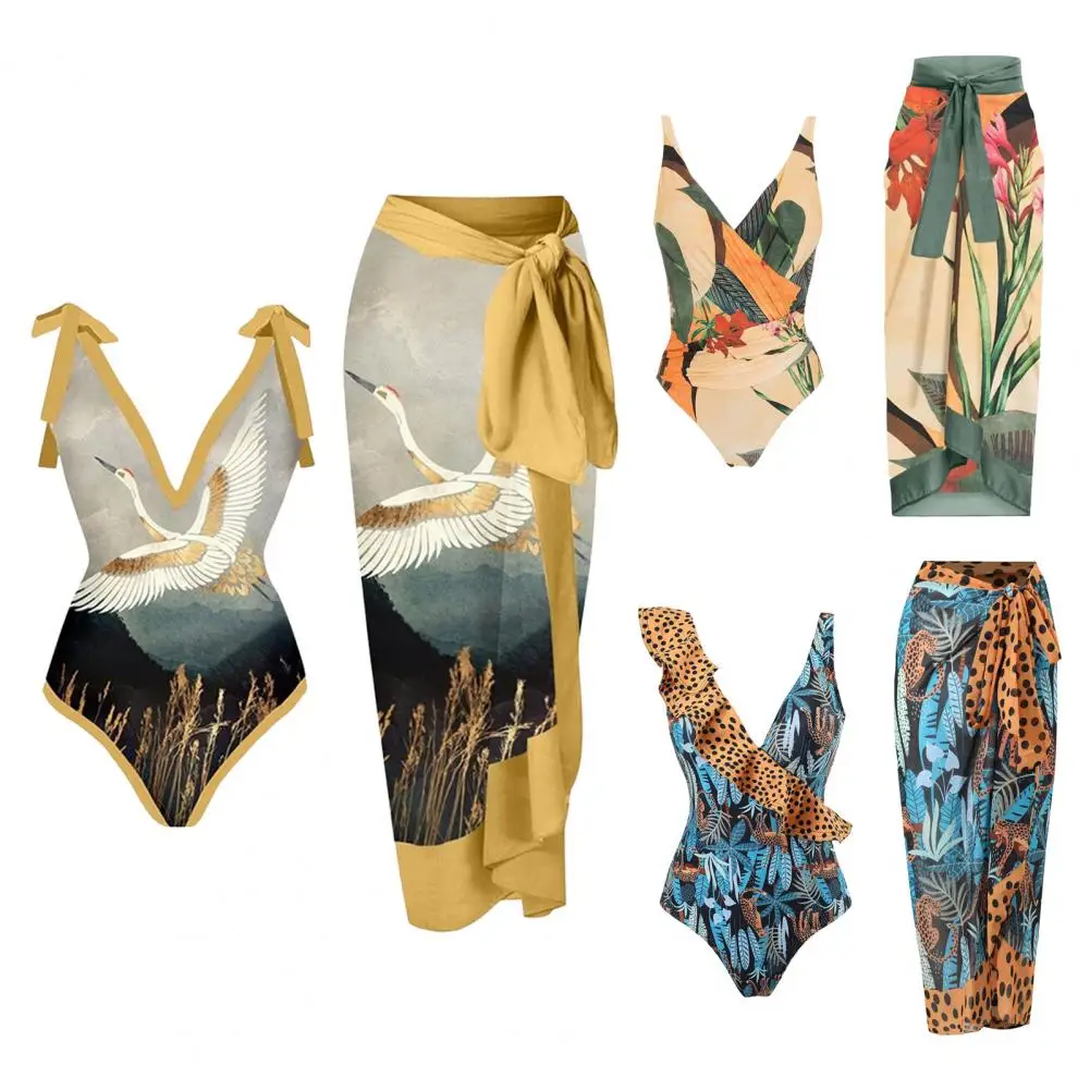 

1 Set Sexy Women Monokini Retro Beach Swimsuit with Long Dress Stretchy Women Swimwear with Long Dress Surf Clothing