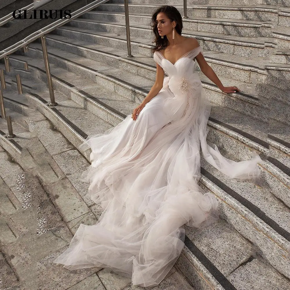 

2022 Ivory Princess Satin And Tulle Wedding Dresses Sweetheart Off The Shoulder Straps Bridal Gowns Elegant Bows Brides Dress