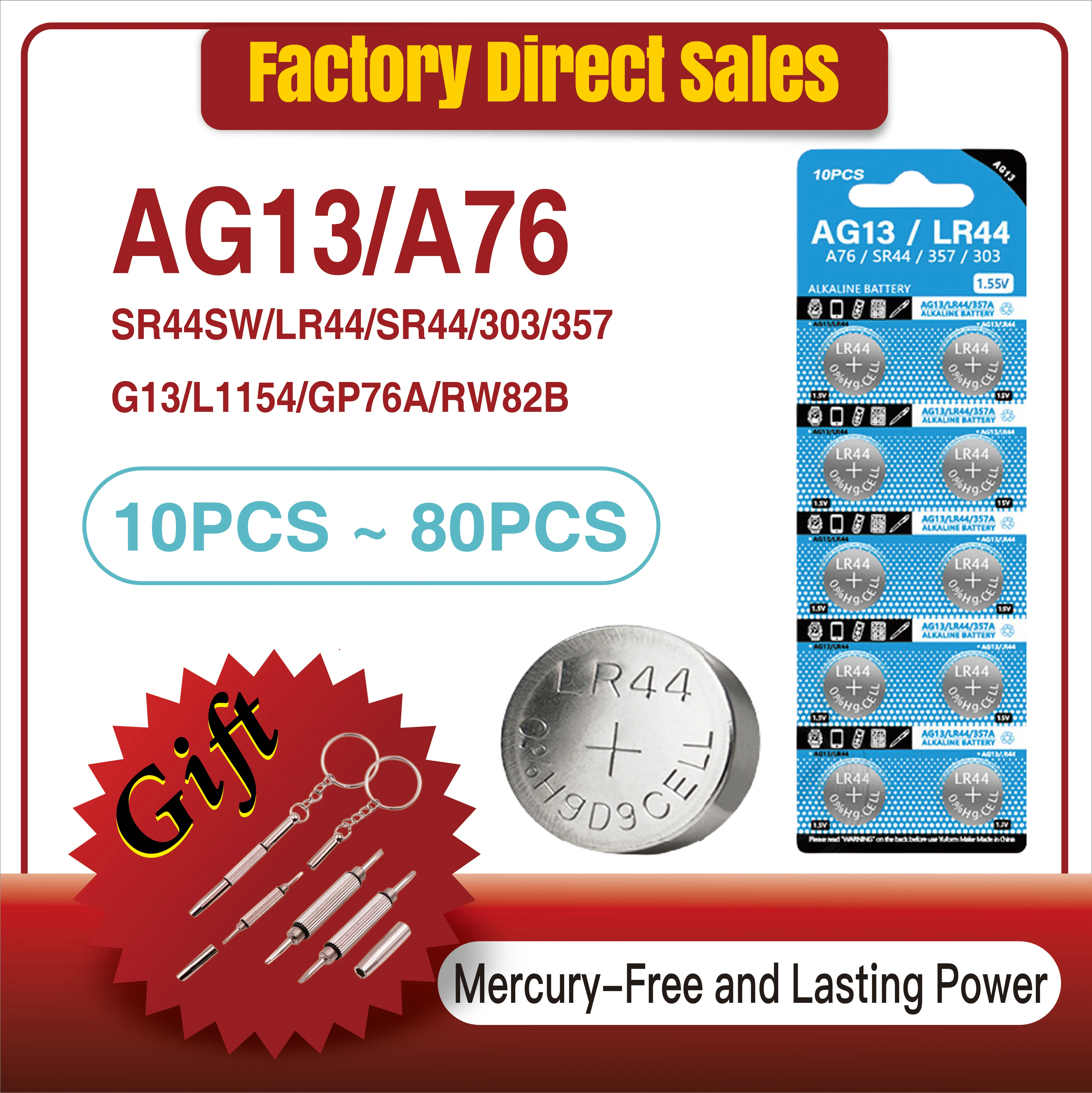 10-80PCS AG13 Button Cell LR44 A76 357 LR1154 SR1154 SR44 GP76 1.5V Button Battery For Watch Car Key Remote Control Electric Toy
10-80PCS AG13 Button Cell LR44 A76 357 LR1154 SR1154 SR44 GP76 1.5V Button Battery For Watch Car Key Remote Control Electric Toy