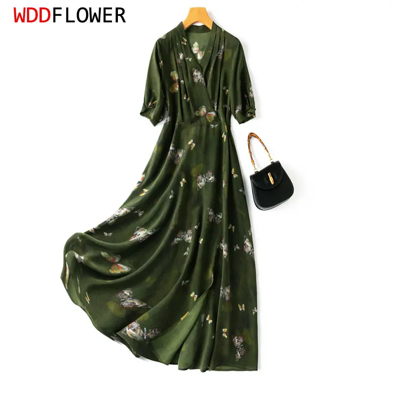 

Women Silk Maxi Dress 100% Mulberry Crepe Silk Drak Green Butterfly Printed V Neck Belted Waist Long Dress Big Hem M L XL MM740