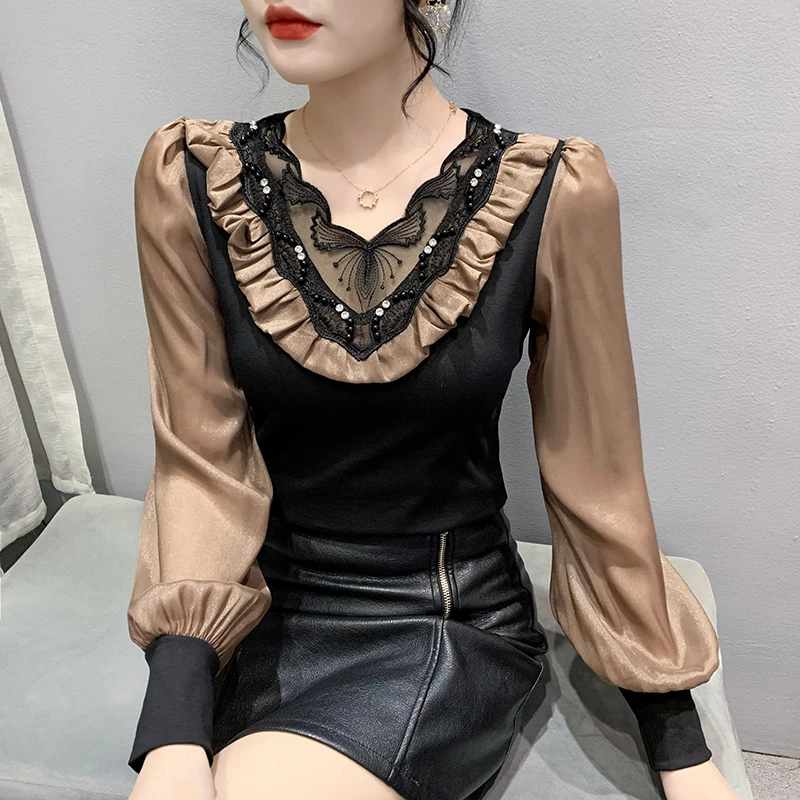 

New Autumn Lace T-Shirt Sexy Patchwork Women Long Lantern Sleeves Diamonds Tops Female Beading Bottoming Tees