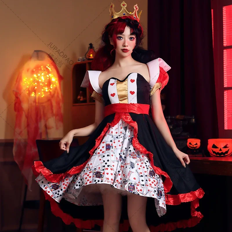 

Halloween Costumes Red Queen Poker Printed Dresses for Women Alice in Wonderland Peach Heart Queen Character Costume Sexy Dress