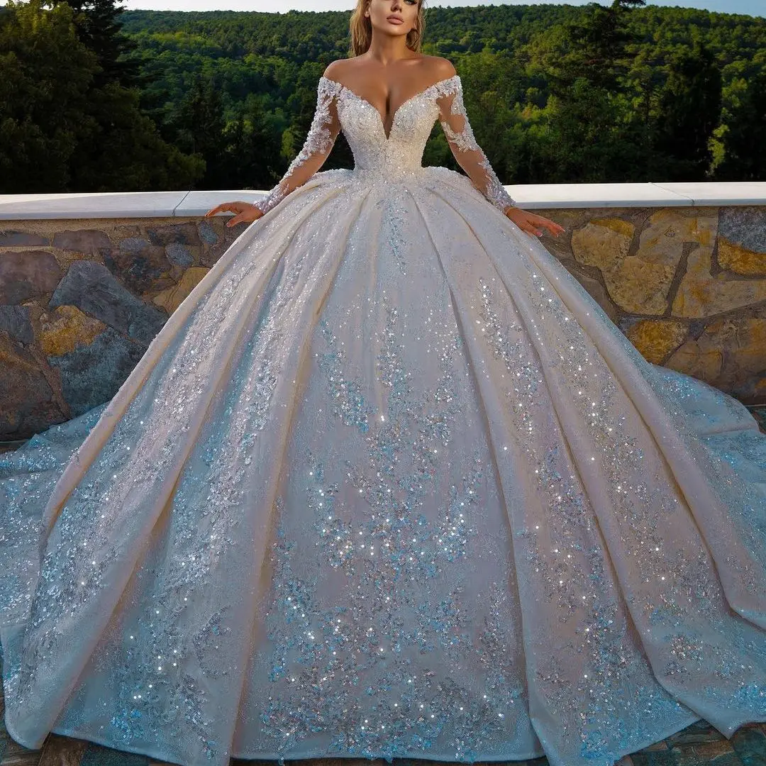 Off The Shoulder Wedding Dresses 2024 V-Neck Long Sleeve All Over Shiny Beaded Sequins Lace Princess Ball Gown vestidos de novia
Off The Shoulder Wedding Dresses 2024 V-Neck Long Sleeve All Over Shiny Beaded Sequins Lace Princess Ball Gown vestidos de novia