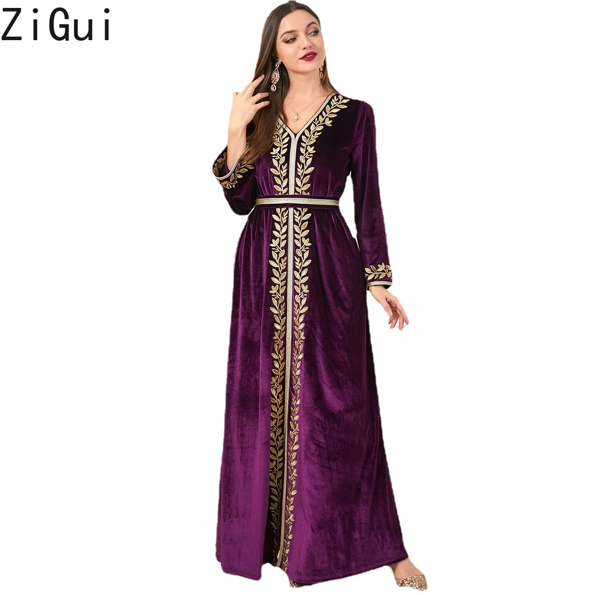 

Zigui Cheap Abayas Dubai Italy Arabian Evening Party Bridesmaid Caftan Leaf Embroidered Elegant Engagement Muslim Velvet Dress