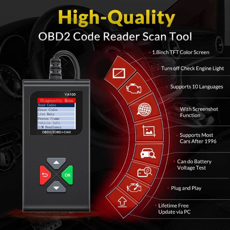 Диагностический сканер автомобиля OBD2 Автомобильный анализатор ошибок освещения двигателя с TFT-экраном YA100
Диагностический сканер автомобиля OBD2 Автомобильный анализатор ошибок освещения двигателя с TFT-экраном YA100