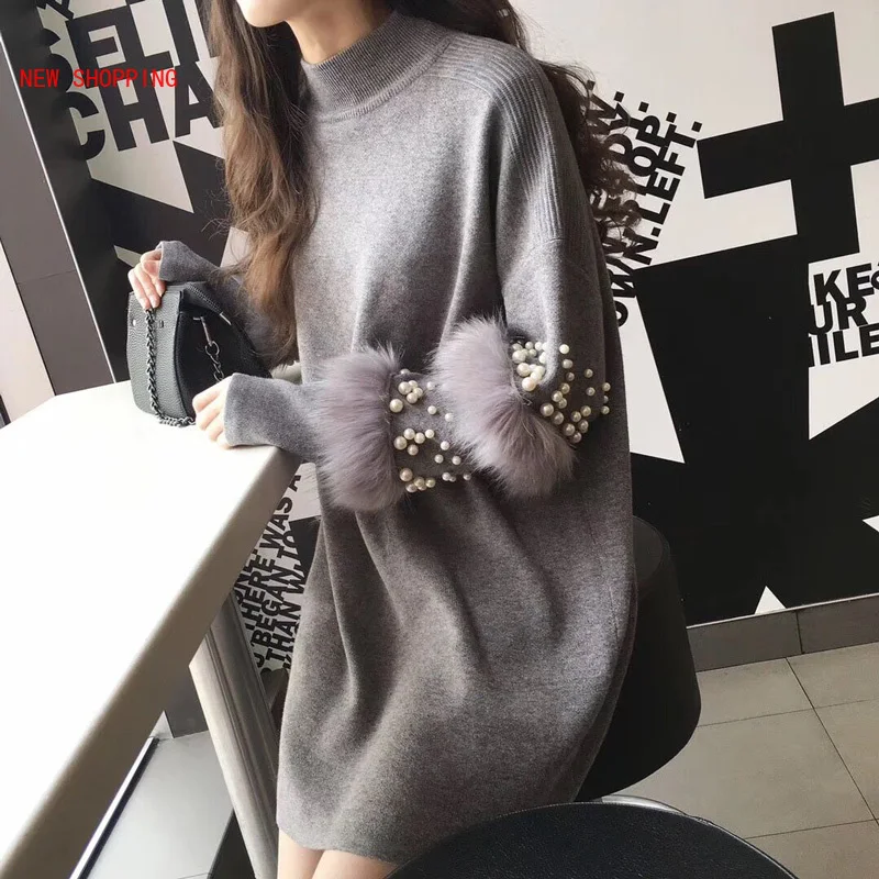 

Faux Rabbits Fur Beaded Sweater Dress 2022 Autumn Winter Women Knitted Pullovers Sweater Female Long Sleeve Fashion Stitching