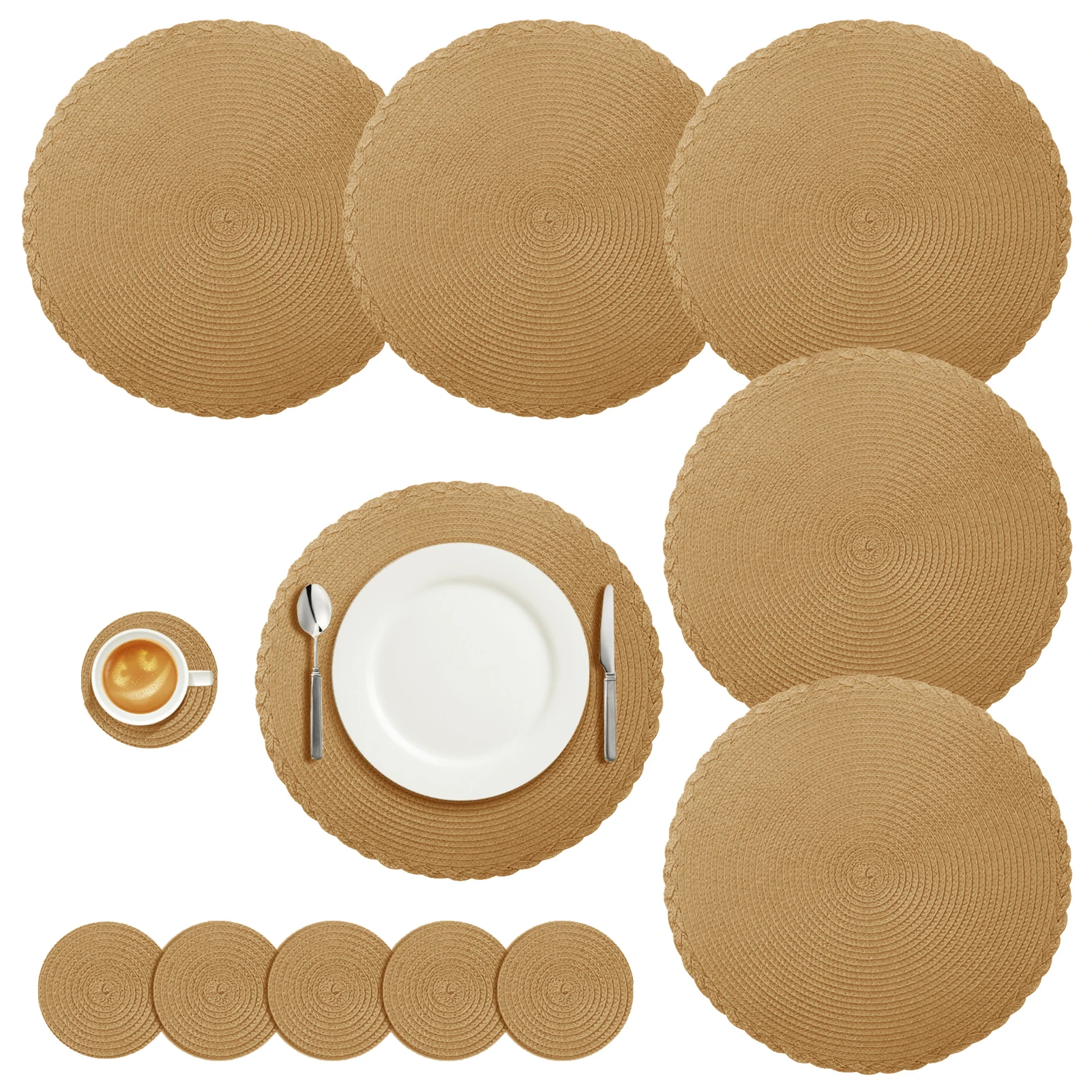 Set of 6 Round Placemats and Coasters Braided Woven Place Mats Washable Heat Resistant Table Mats and Coasters for Dining Table: 3 - 5 Days Free Delivery Only UK Set of 6 Round Placemats and Coasters Braided Woven Place Mats Washable Heat Resistant Table Mats and Coasters for Dining Table: 3 - 5 Days Free Delivery Only UK