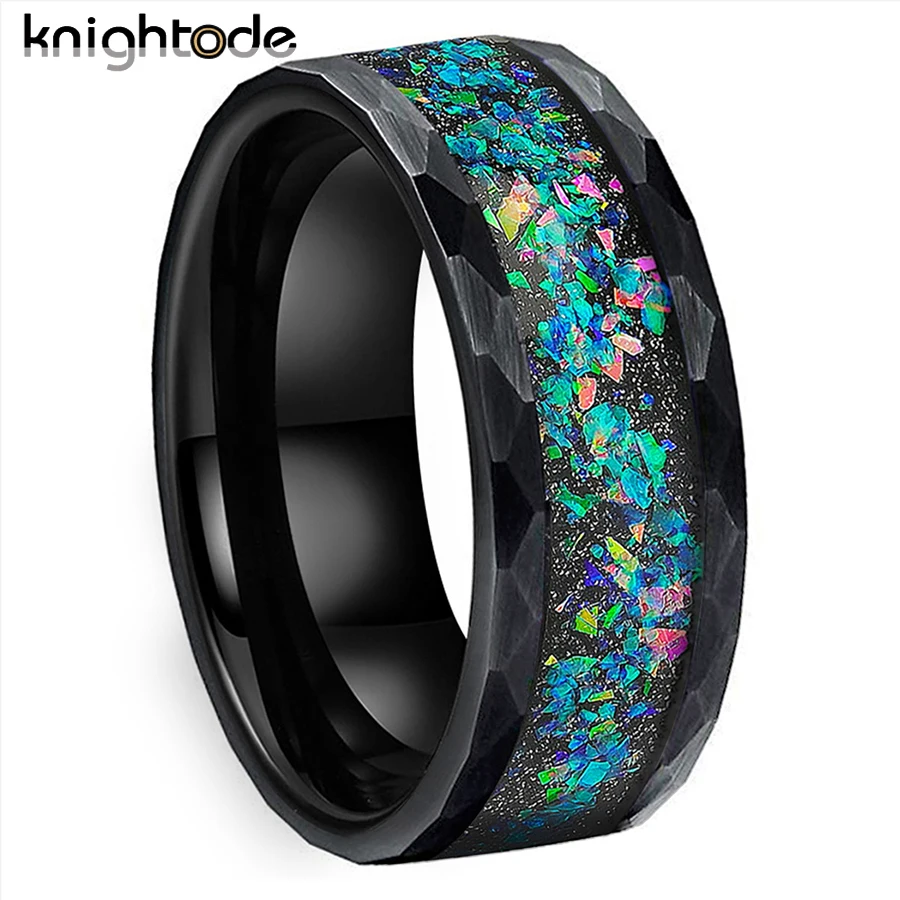 

8mm Black/Silvery Tungsten Carbide Hammered Rings Galaxy Series Opal Inlay For Lovers Wedding Bands Brushed Facets Comfort Fit
