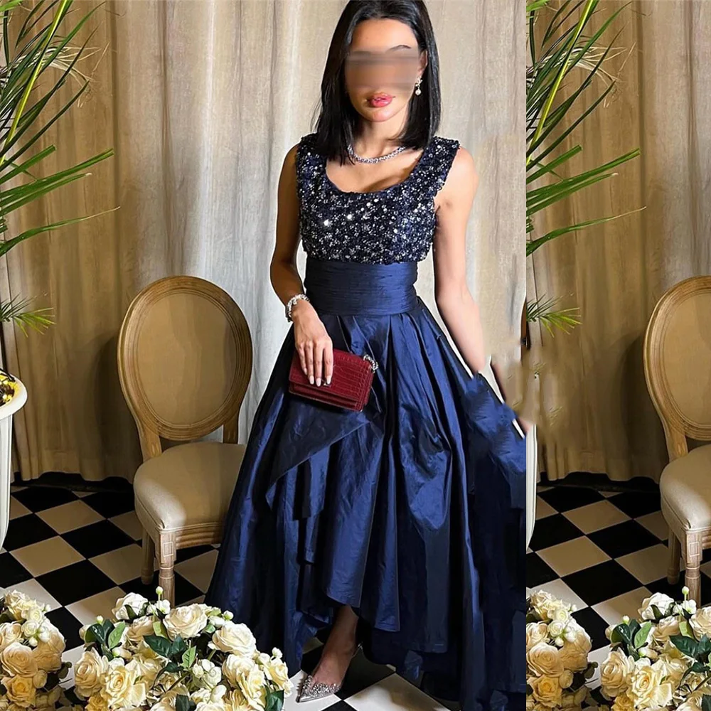 

Temperament Square Neck A-line Prom Gown Pleat Sleeveless Backless Patchwork Evening Party Dresses فساتين السهرة 2023 جديده