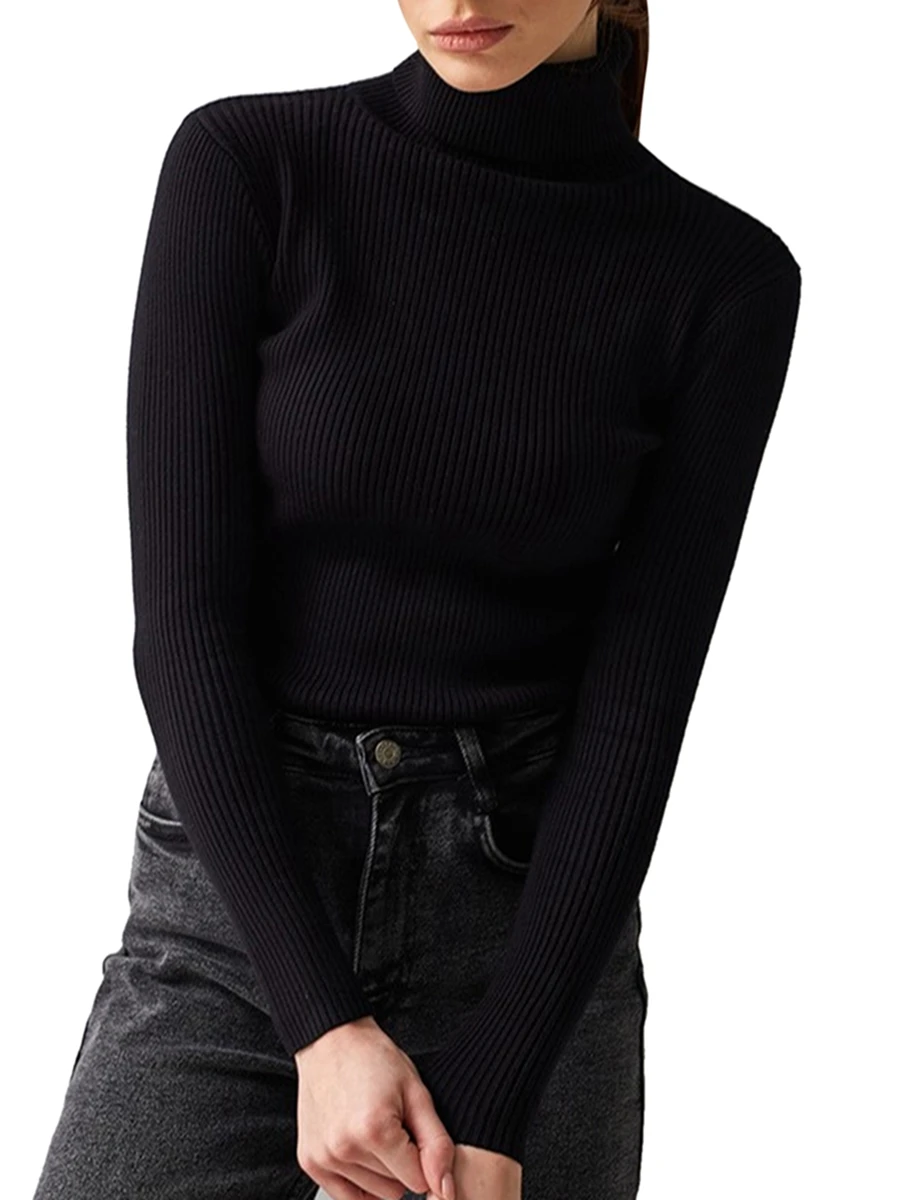 

Women High Neck Ribbed Knit Sweater Long Sleeve Slim Fitted Knitted Pullover Tops Casual Solid Color Bodycon Jumper