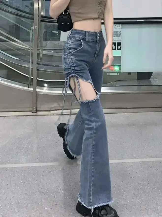 

Low Hollow Out Bandage Flare Pants Denim Pant Women Summer Slim Flare Pants Sexy Fashion Streetwear Solid Wild Clothing