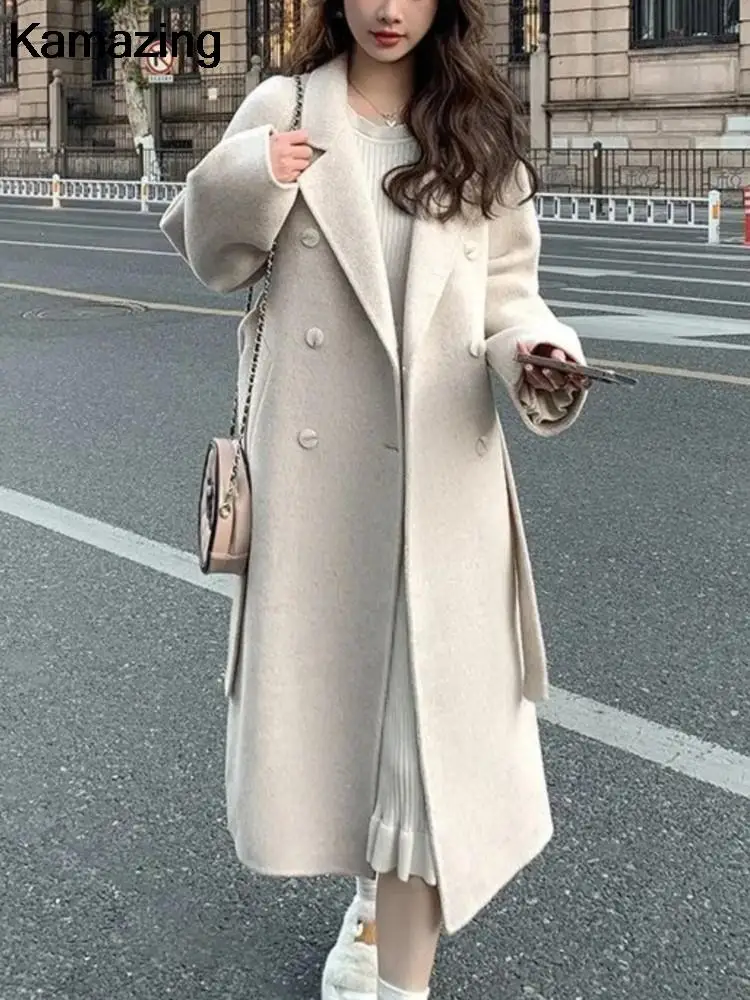 

Outerwear with Belted Korean Fashion Chic Female Overcoat Clothes Autumn Winter Loose Woolen Coat for Women Casual Solid