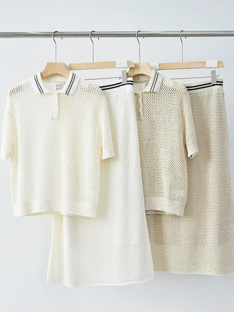 Women Hollow Out Knit Set 2023 New Elegant Contrast Color Turn-Down Collar Short Sleeve Top and Elastic Waist A-Line Midi Skirt
Women Hollow Out Knit Set 2023 New Elegant Contrast Color Turn-Down Collar Short Sleeve Top and Elastic Waist A-Line Midi Skirt