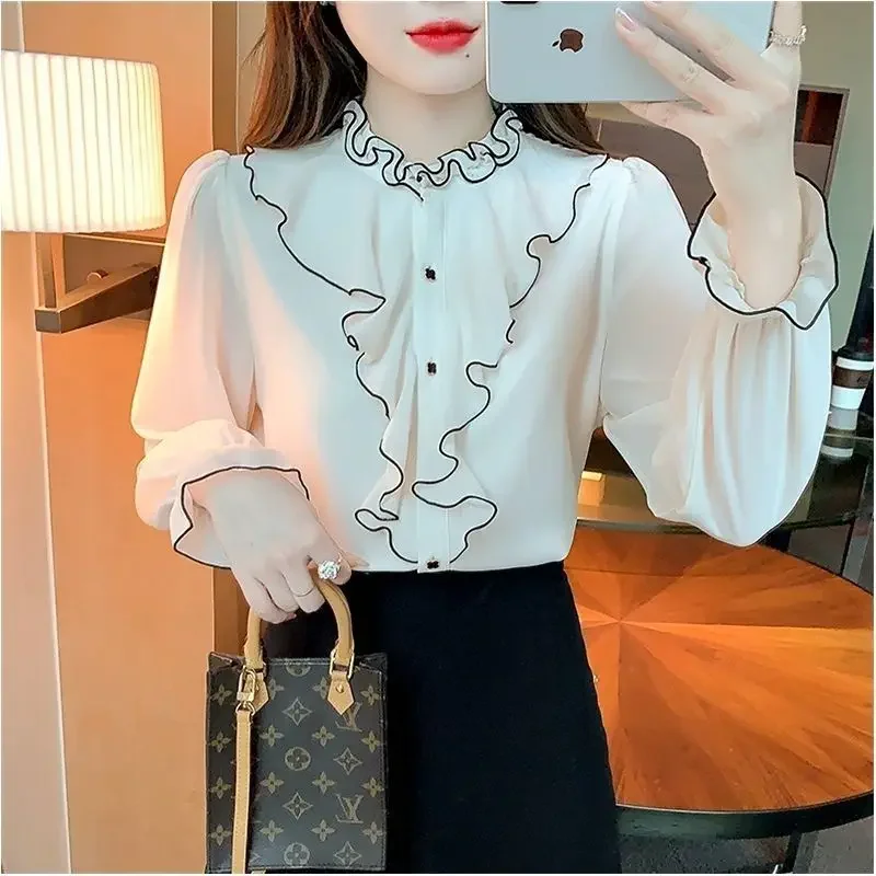 

Elegant Fashion Ruffles Spliced Solid Blouse All-match Long Sleeve Casual Ruffled Neck Chiffon Shirt Women's Clothing Z700