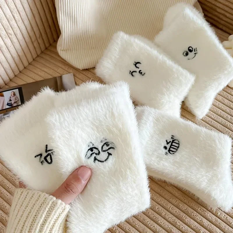 

Cute Mink Fleece Women Socks Kawaii Funny Embroidered Emoticon Furry Warm Socks Autumn Winter Plus Velvet Sleeping Mid Tube Sock