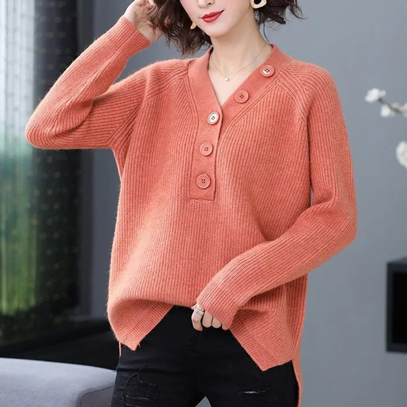 

Fashion V-Neck Knitted Spliced Asymmetrical Sweaters Women's Clothing 2023 Autumn New Casual Pullovers Loose Commute Tops