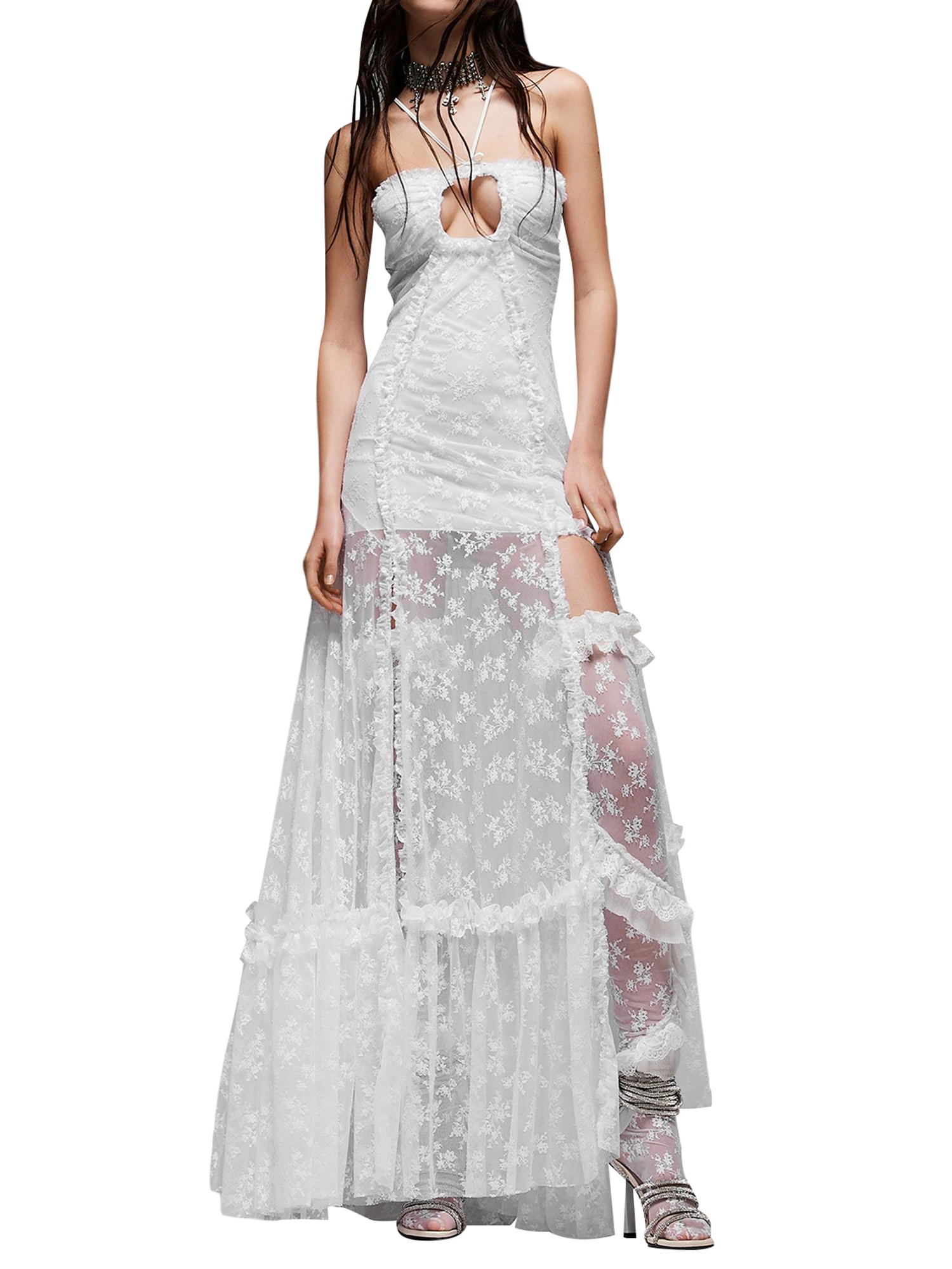 

Elegant Lace Patchwork Halter with Sheer Mesh and Cut-Out Details for Women - Y2K Style Tiered Long Dress with Slit