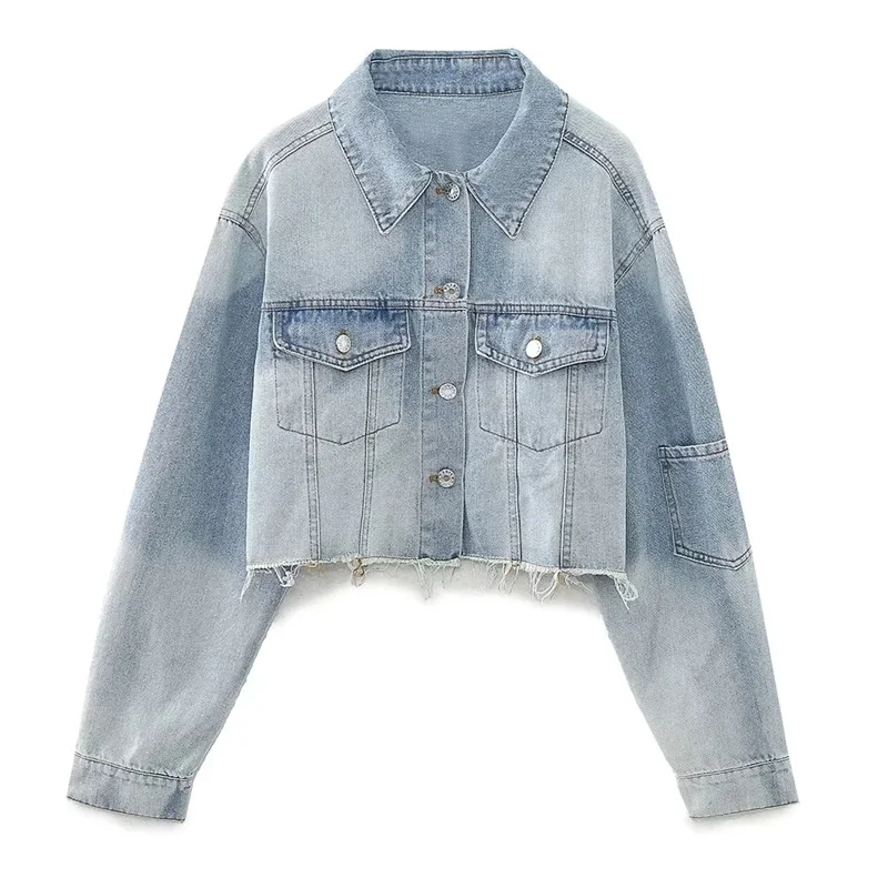 TRAF Vintage Crop Denim Jacket For Women Lapel Long Sleeves Pockets Coats Female Unfinished Hem Metal Button Up Tops Autumn New
TRAF Vintage Crop Denim Jacket For Women Lapel Long Sleeves Pockets Coats Female Unfinished Hem Metal Button Up Tops Autumn New