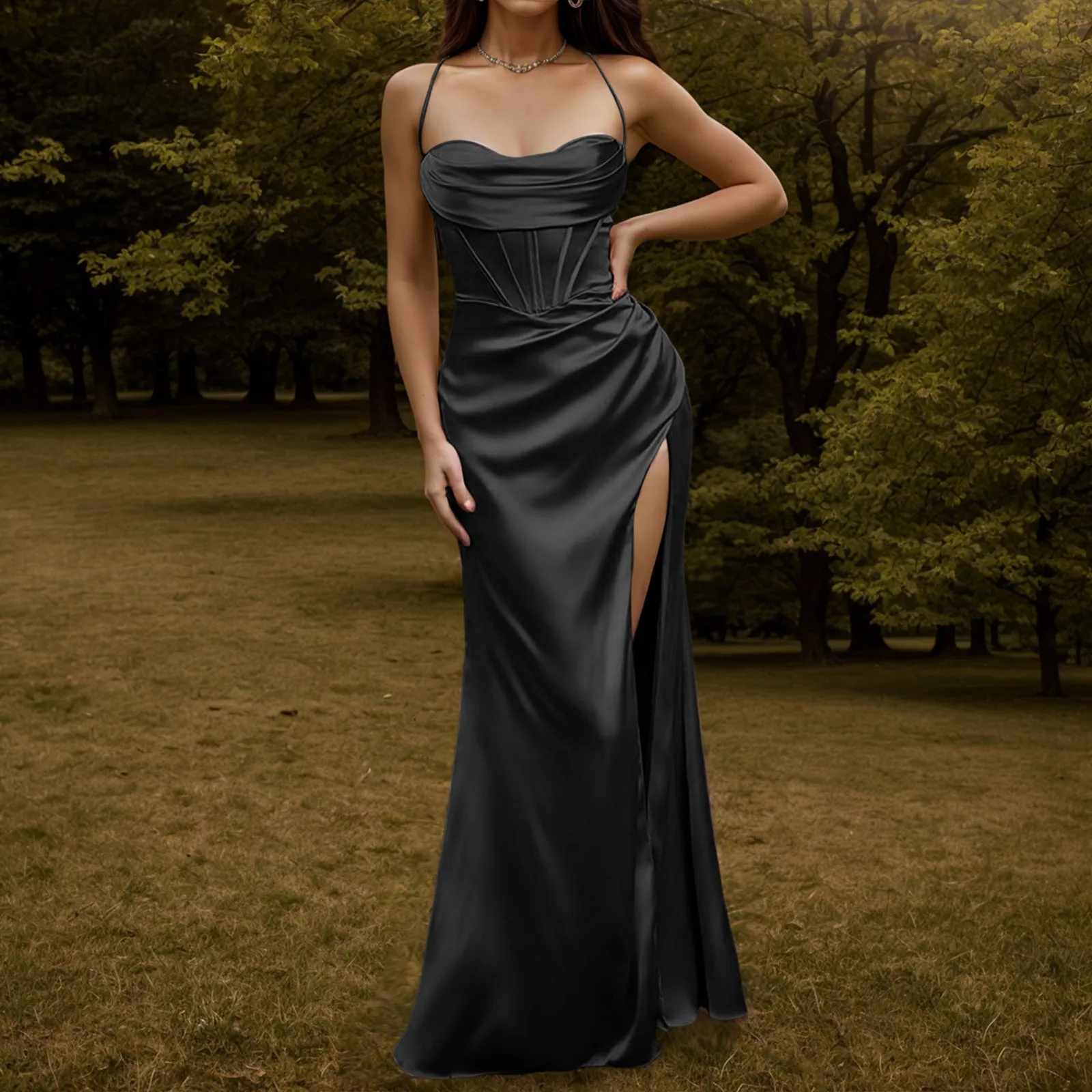 

Женское вечернее платье на бретелях, однотонное Привлекательное платье с открытой спиной и разрезом, на шнуровке, с высокой талией, элегантное платье для выпускного вечера, модель 2024 года