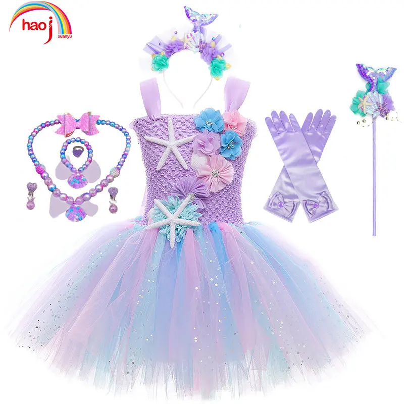 

Halloween Costume Girls Pastel Ariel Mermaid Tutu Dress Birthday Party Costume with Flower Headband Ocean Flower Dresses 1-12Y