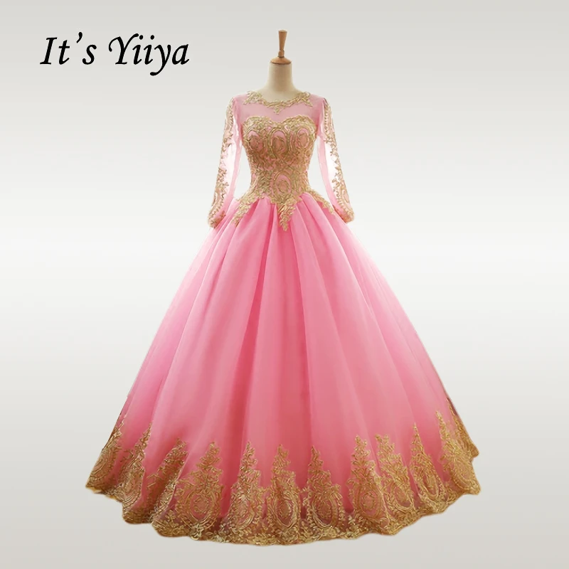 

It's YiiYa Wedding Dress Gold Lace O-neck Pink Tulle Plus Size Long Sleeve Floor Length Muslim Vestido de novia Party Gown CH238