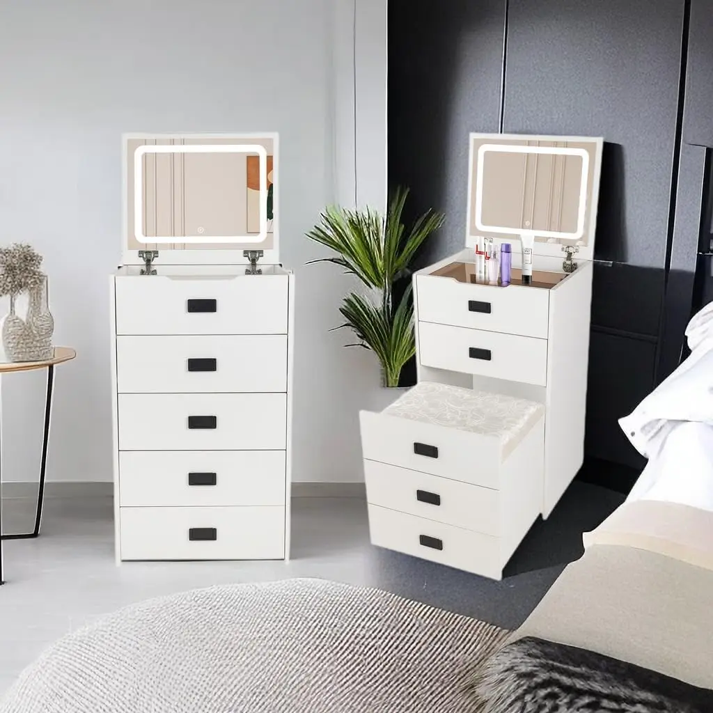 White Makeup Vanity Desk with Flip Top 3 Lighting Color Adjustable Mirror Lighting, Makeup Dressing Table with Internal Storage
White Makeup Vanity Desk with Flip Top 3 Lighting Color Adjustable Mirror Lighting, Makeup Dressing Table with Internal Storage