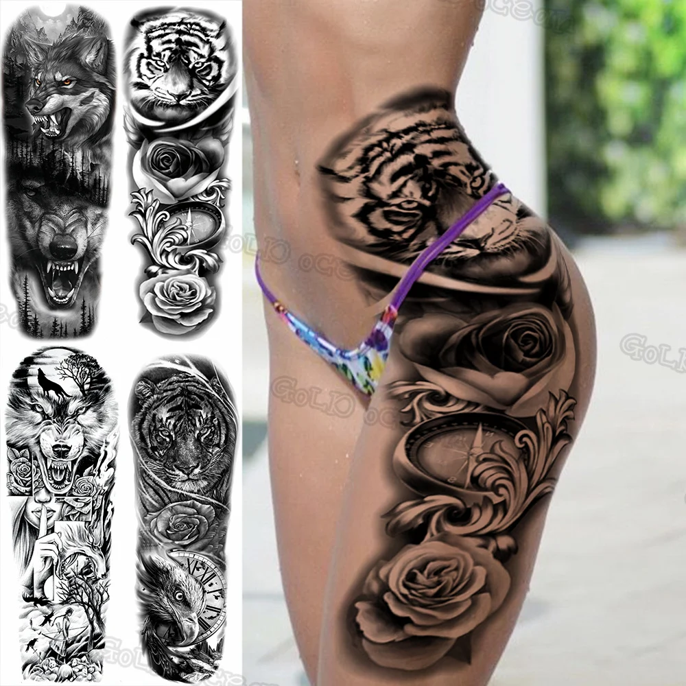 

3D Тигр роза цветок компас Временная фотография для женщин мужчин волк лес Сова искусственная Татуировка длинный размер боди-арт тату