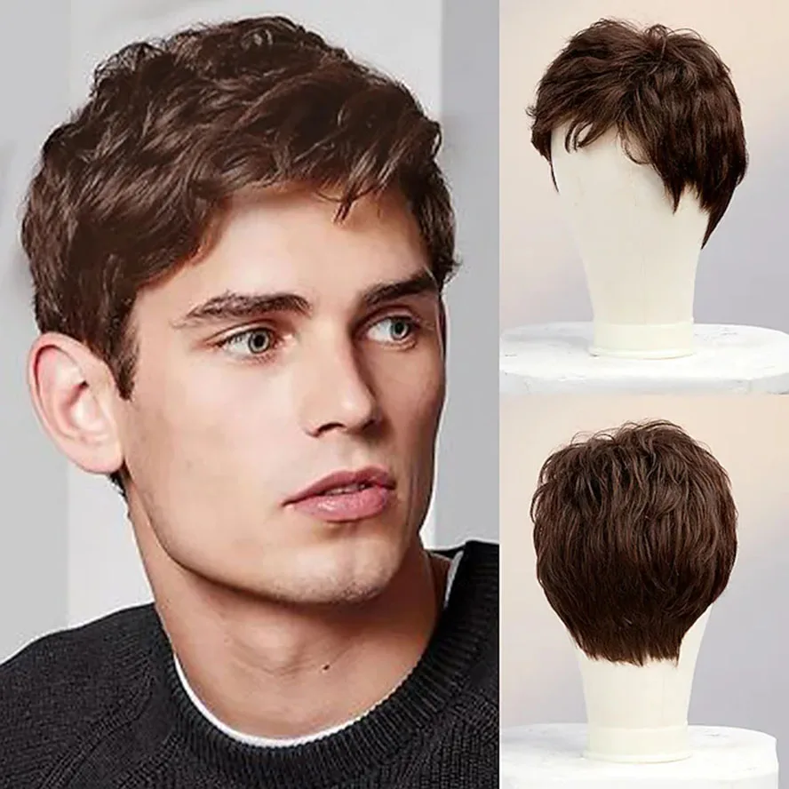 

Human Hair Wig with Bang Full Machine Made Straight For Men Short Straight Wig Pixie Cut Capless Wigs