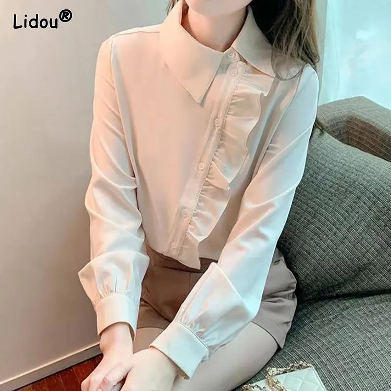 

Женская шифоновая рубашка, с отложным воротником, с оборками, однобортная, с длинным рукавом