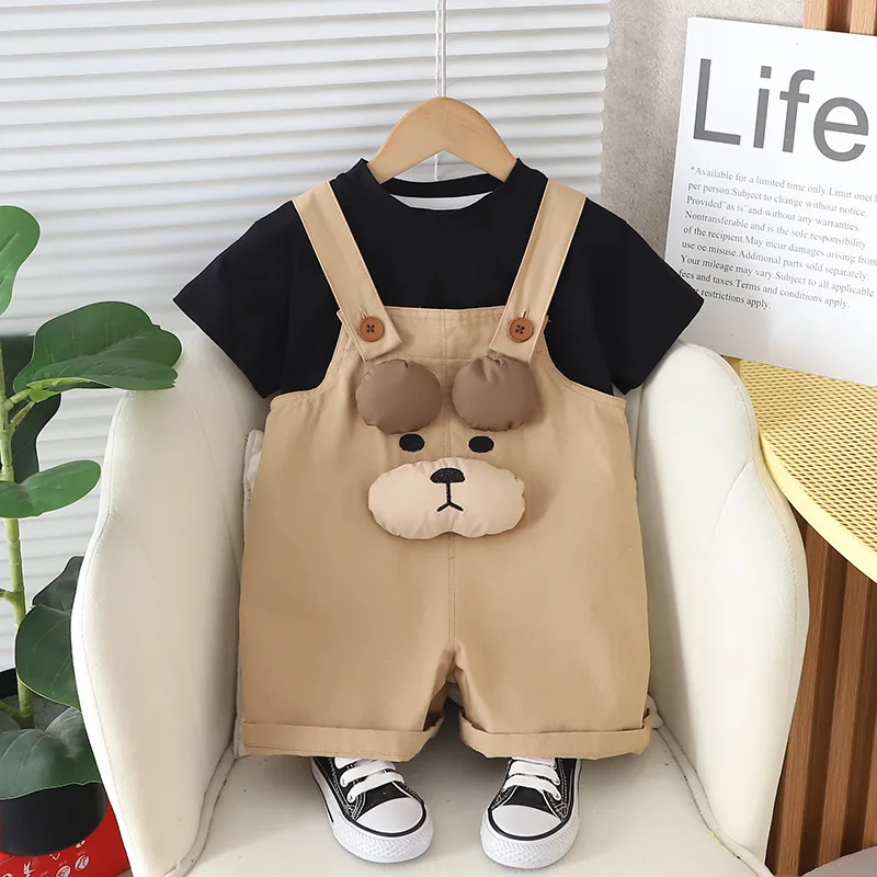 

Kids Summer Sets 2024 Baby Boy Clothes 9 To 12 Months Solid Color Short Sleeve T-shirts and Cartoon Overalls Children's Clothing