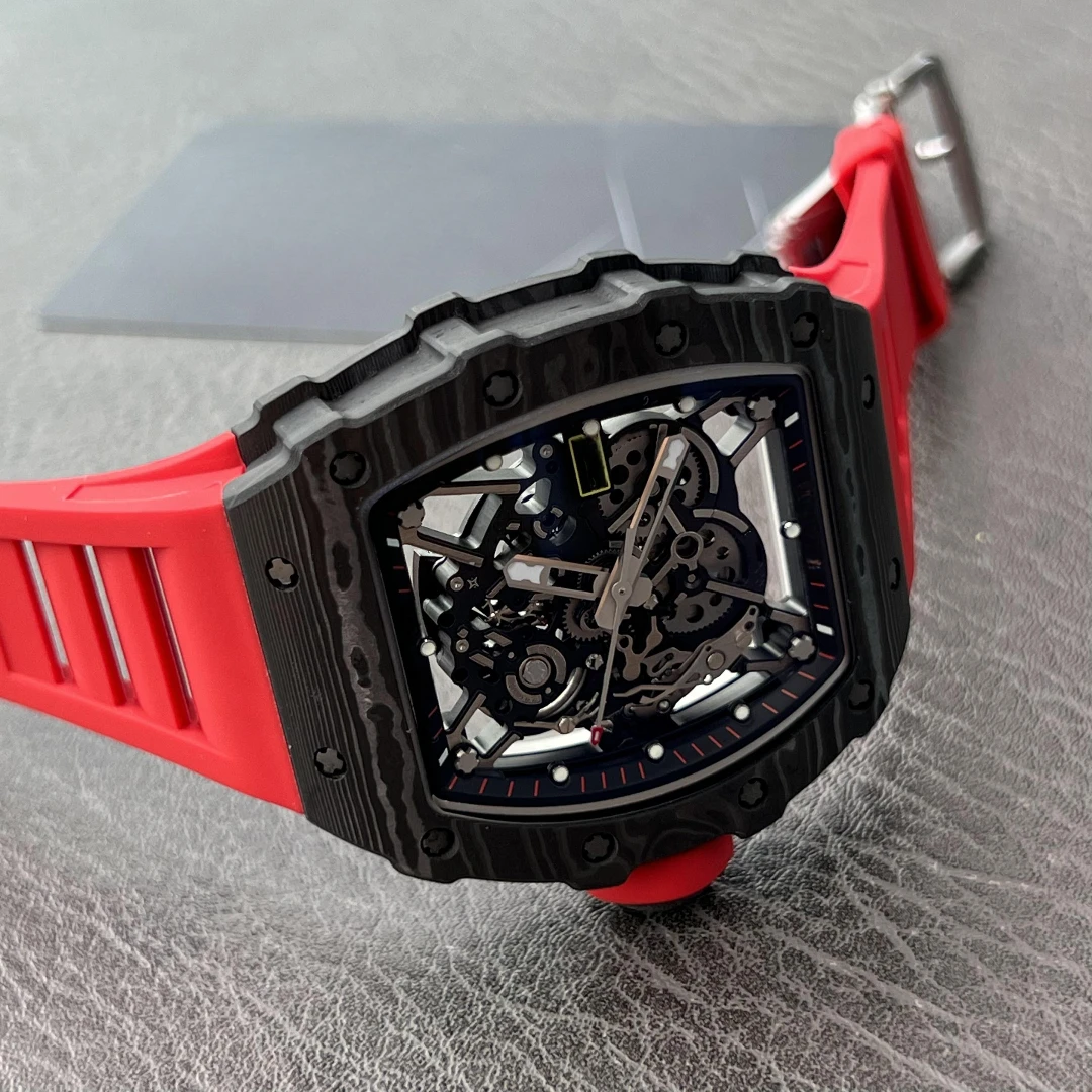 

Men's Watch RM35-02 Black Carbon NTPT Luxury Fashion Skeleton dial Red Rubber Strap with Best Automatic Movement