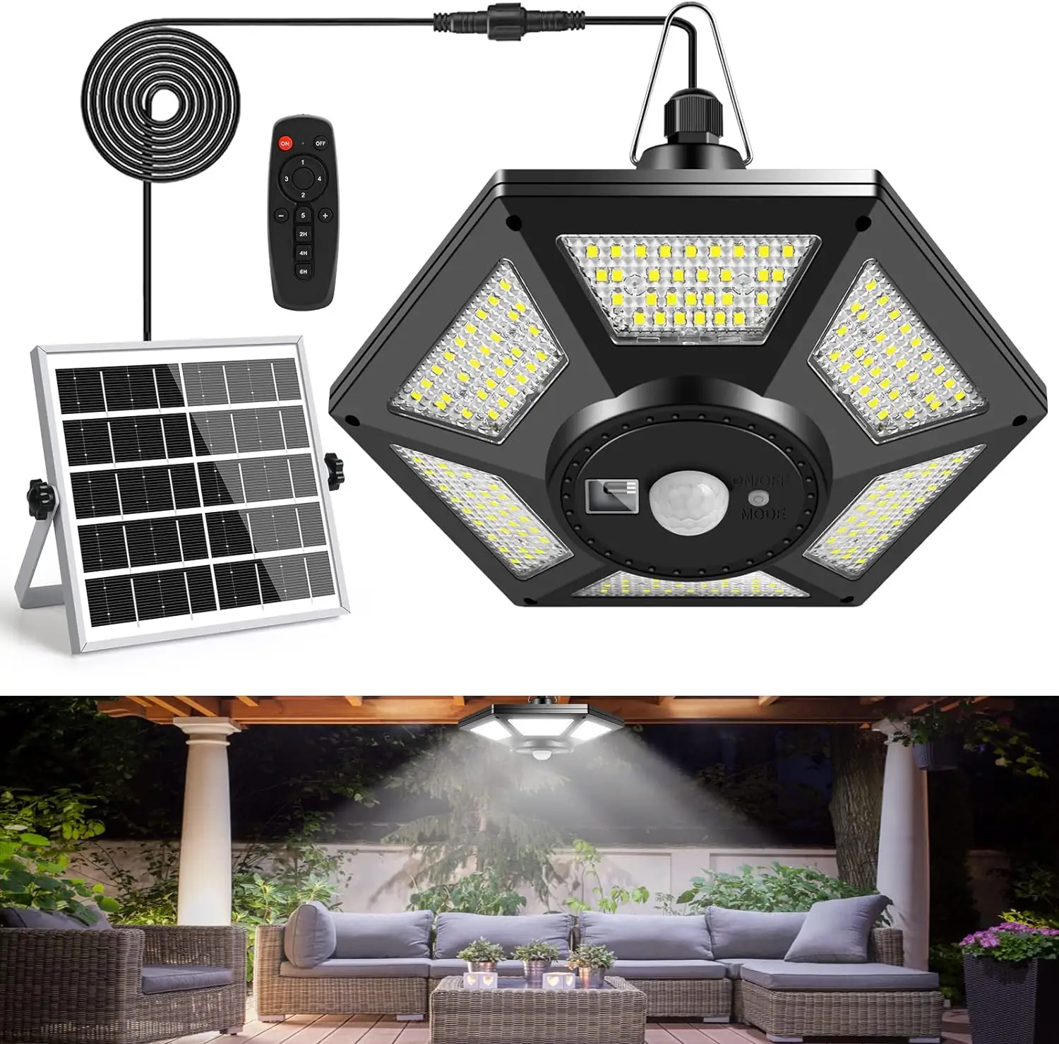 

180LEDs Solar Pendant Light Outdoors Indoor with Remote Control Solar Shed Light Motion Sensor 6 Sides Garage Lamp for Garden