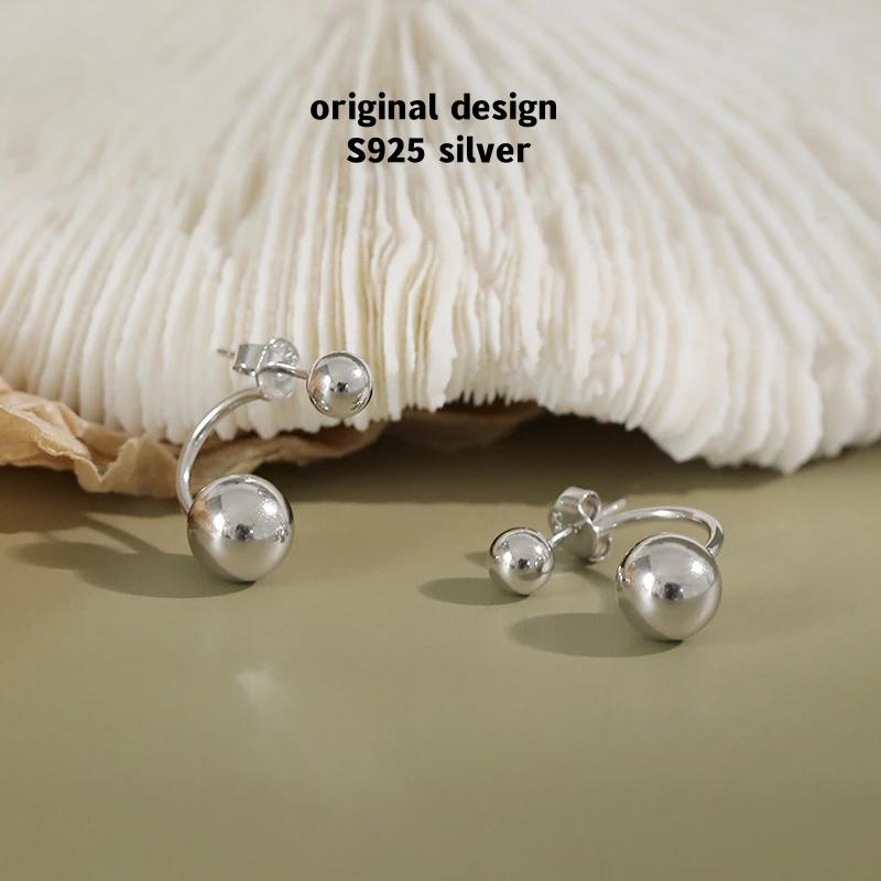 

Оригинальные Глянцевые серьги из стерлингового серебра S925 с двумя круглыми бусинами для женщин, роскошные модные банкетные высокие ювелирные изделия