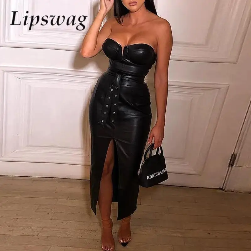 Women Fashion Casual PU Leather Dress Ladies Elegant Front Slit Tight Bodycon Long Dresses Sexy Slash Neck Strapless Party Dress
Women Fashion Casual PU Leather Dress Ladies Elegant Front Slit Tight Bodycon Long Dresses Sexy Slash Neck Strapless Party Dress