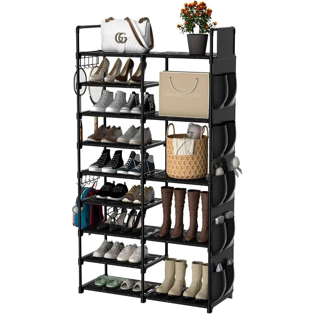 

XJJX 9-Tier Shoe Rack Organizer, 28 Pairs Metal Shoe Rack for Closet Boots Organizer Shoe Storage with Side Bag Stackable