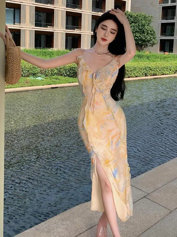 

Женское платье с оборками и V-образным вырезом, летнее элегантное желтое платье в Корейском стиле ретро без рукавов, яркая одежда принцессы во французском стиле