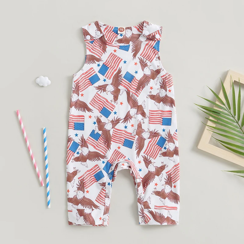 

2023-05-09 Lioraitiin 0-18M Baby Boy Girl Independence Day Romper Sleeveless Stars Stripe Flag Eagle Print Crew Neck Jumpsuit