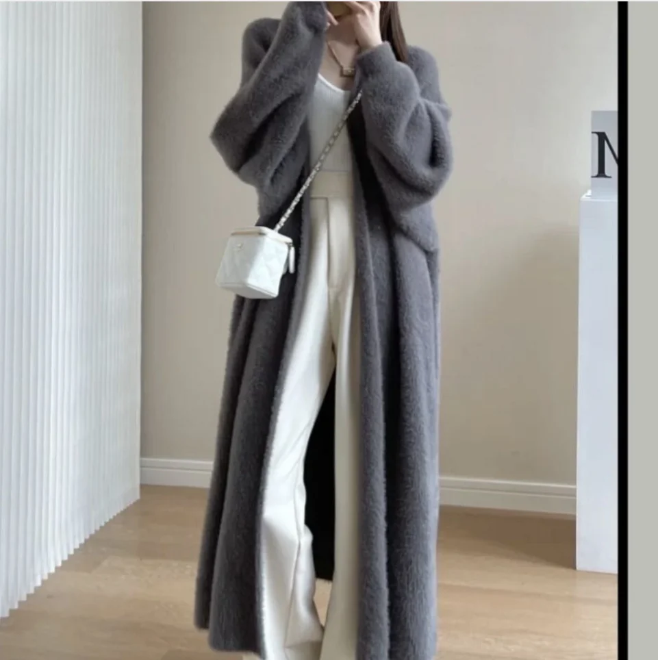

YICIYA Faux Mink Cashmere Cardigan Loose Winter Clothes Women Femme Sleeve Long Coat Thickness Warm Knitted Sweater Outwear 2024