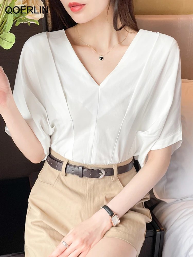 

QOERLIN Pure Cotton Short Sleeve Summer Shirts V Neck Batwing Sleeve Zipper Split White Tops Blouse Office Ladies Korean Fashion
