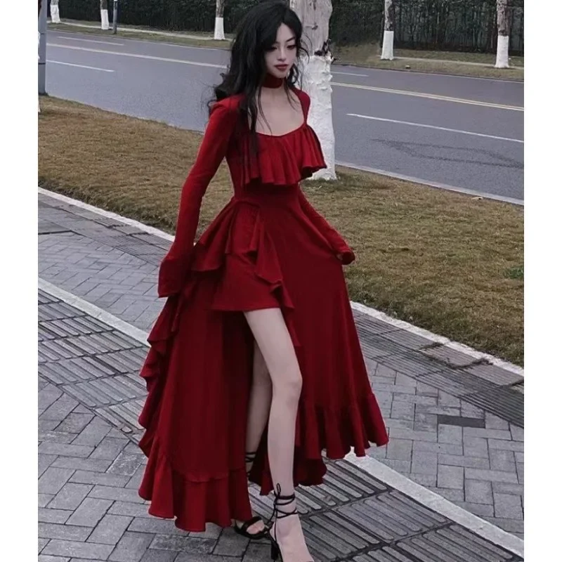 2024 women elegant long sleeve midi dresses female red square collar sexy ruffle party dress Christmas irregular prom dress
2024 women elegant long sleeve midi dresses female red square collar sexy ruffle party dress Christmas irregular prom dress