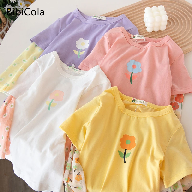 

Girls summer sun protection clothes fake two-piece tops thin section stitching summer children's loose long-sleeved T-shirts