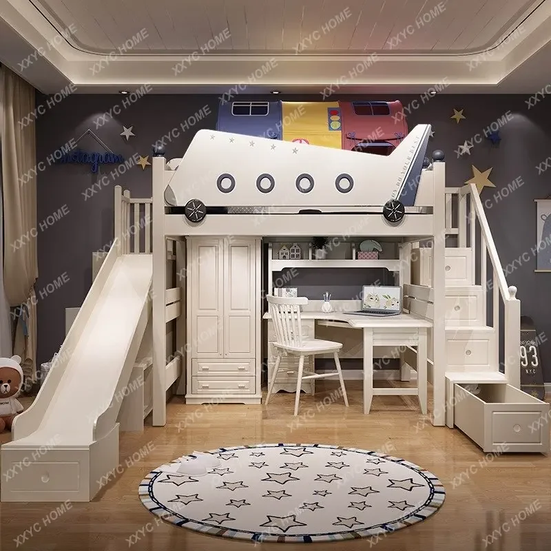 

Bed and Bed Combination Children's Bed Wardrobe Integrated Bunk Bed Multi-Functional Small Apartment Cartoon Aircraft Slide